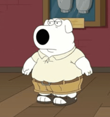 a cartoon character is standing on a wooden floor