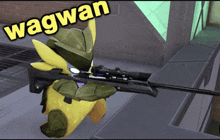 a video game character is holding a sniper rifle and the word wagwan is on the bottom