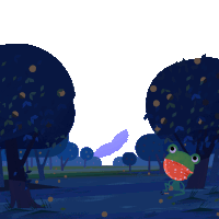 a frog with a strawberry in its mouth is standing in a forest