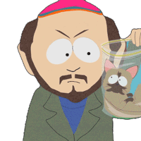 a cartoon character from south park is holding a cat in a bag