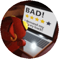 a red stuffed animal is looking at a laptop that says bad on it