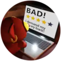 a red stuffed animal is looking at a laptop that says bad on it