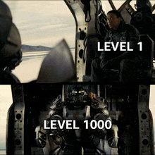 a picture of a man sitting in a helicopter with the words level 1 and level 1000 below him