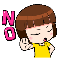 a girl in a yellow shirt is making a no sign with her hand