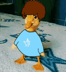 a drawing of a duck wearing a blue shirt