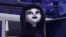 a monster high doll with purple hair and black lips is standing in front of a city skyline at night .