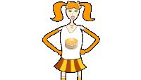 a cartoon of a girl with pigtails and a stack of pancakes on her shirt