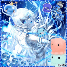 a picture of a girl surrounded by jellyfish and octopus with the words you and me on the bottom