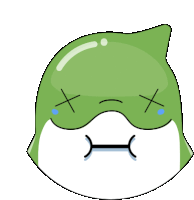 a cartoon drawing of a green object with a sad face and crossed eyes