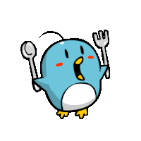 a blue penguin is holding a spoon and fork