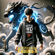 a boy with a hoodie that says auto wd disini is standing in front of a dragon