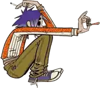 a cartoon character with a purple hair and a cigarette in his hand