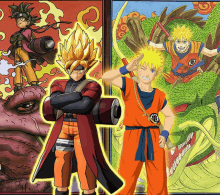 naruto and goku are standing next to each other in a cartoon