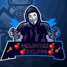 a logo for unlocker icloud shows a man in a hood holding two guns