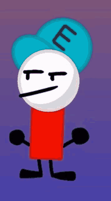 a cartoon character is wearing a blue hat with the letter m on it .