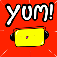 a cartoon drawing of a yellow square with headphones and the words yum on a red background