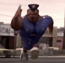 a cartoon police officer is giving the middle finger while running down a street .