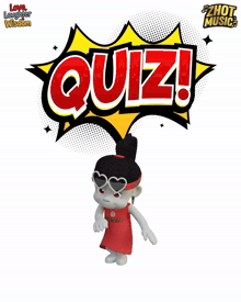 a cartoon character is standing in front of a speech bubble that reads quiz