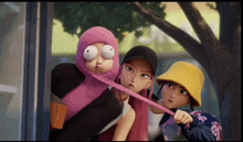 a group of cartoon characters are standing next to each other in a room .