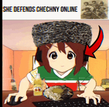 a cartoon of a girl using a computer with the words she defends chechny online at the top