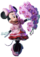 minnie mouse holding a bouquet of purple flowers