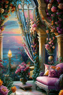 a painting of a balcony with flowers and a chair