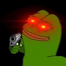 a green frog is pointing a gun at the camera with red eyes