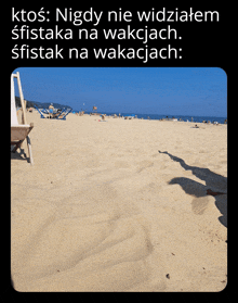 a picture of a sandy beach with a caption that says nigdy nie widziałem