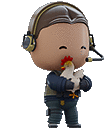 a cartoon character wearing headphones and holding a chicken in his mouth .