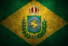 a close up of a brazilian flag with a coat of arms and a crown on it .