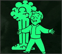 a glow in the dark cartoon of a boy standing in front of a tree with smoke coming out of it .