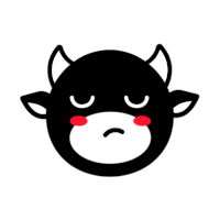 a black and white cartoon cow with a sad face and red cheeks .