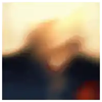 a painting of a person 's face with a blurred background