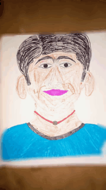 a drawing of a man with a blue shirt and red necklace