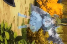 a girl in a blue dress is standing in a park