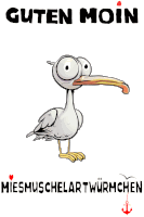 a cartoon of a seagull with its tongue out and the words guten moin