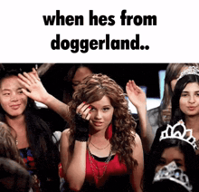 a woman in a red top is surrounded by other women with the caption " when hes from doggerland "