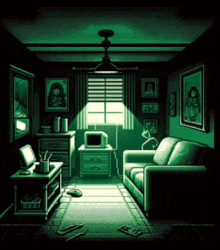 a pixel art drawing of a living room with a couch