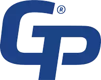 a blue gp logo with a white r