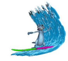 a lizard is riding a wave while holding a surfboard