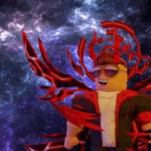 a cartoon character with red wings and a crown on his head is standing in front of a galaxy .