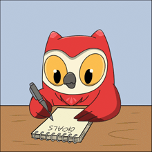 a cartoon owl is writing on a notepad with the word goals written on it
