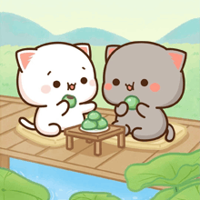 two cartoon cats are sitting at a small table eating