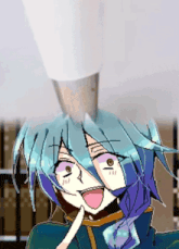 a pixel art of a girl with blue hair and purple eyes