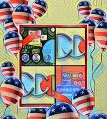 a painting with american flag balloons around it and the word cd on it