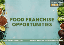 an advertisement for food franchise opportunities with bowls of food on a blue background