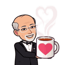 a cartoon of a man in a tuxedo holding a cup of coffee with a heart on it