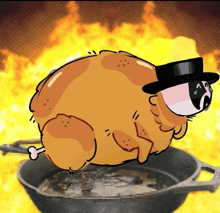 a cartoon chicken wearing a top hat is cooking in a skillet