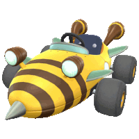 a yellow and brown bee shaped toy car with a steering wheel