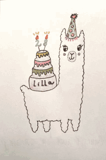 a drawing of a llama wearing a party hat and holding a cake with the name lilla on it